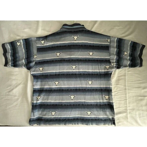 Vintage 90s Wrangler Western Blue Polo Bull Cow Skull Rodeo Cowboy Longhorn XL - Picture 7 of 7